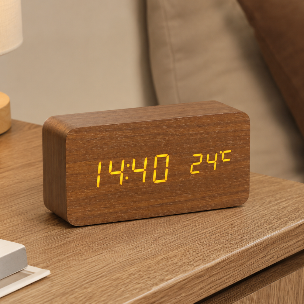 Solace Wood-Grain Triple Alarm Clock