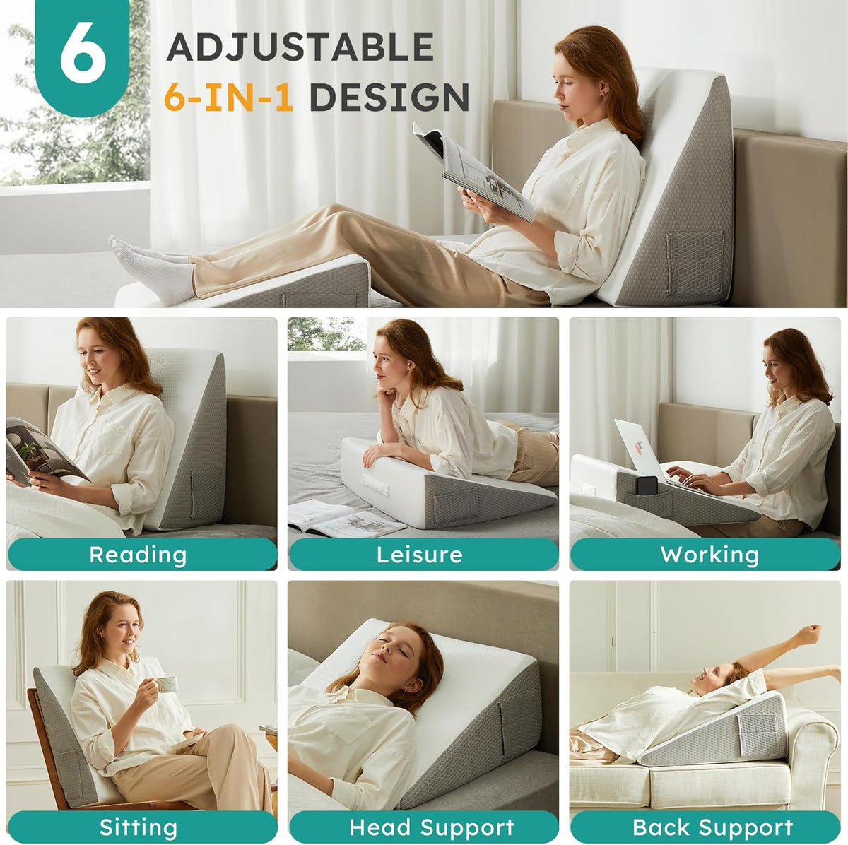 Rizen Memory Foam Wedge Pillow for Bed with Side Pockets