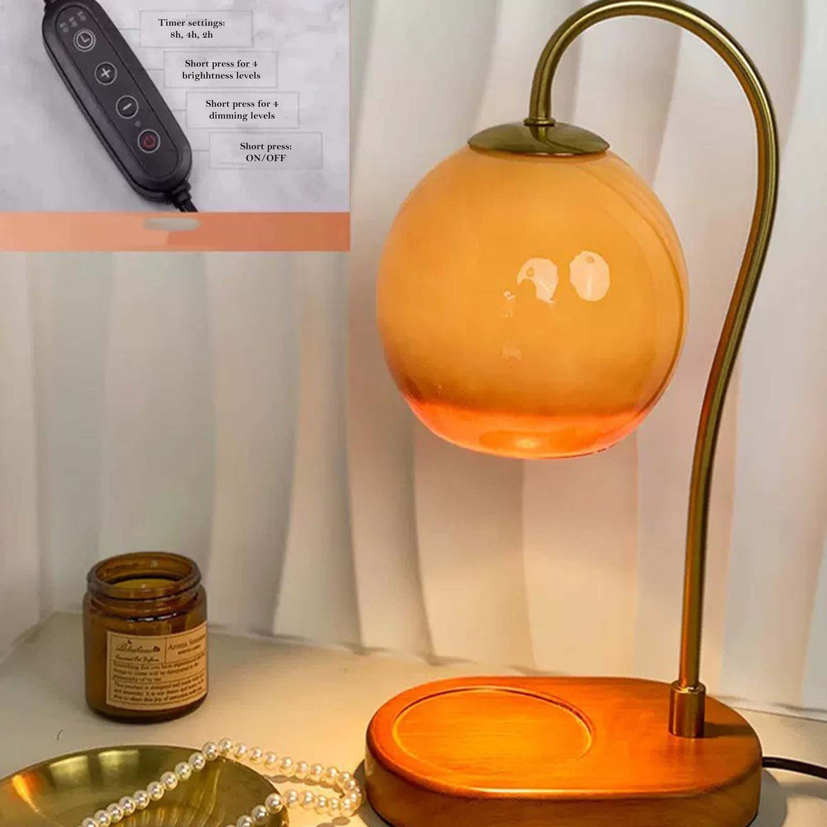 Auburne Amber Glass Candle Warmer Lamp with Wood Base