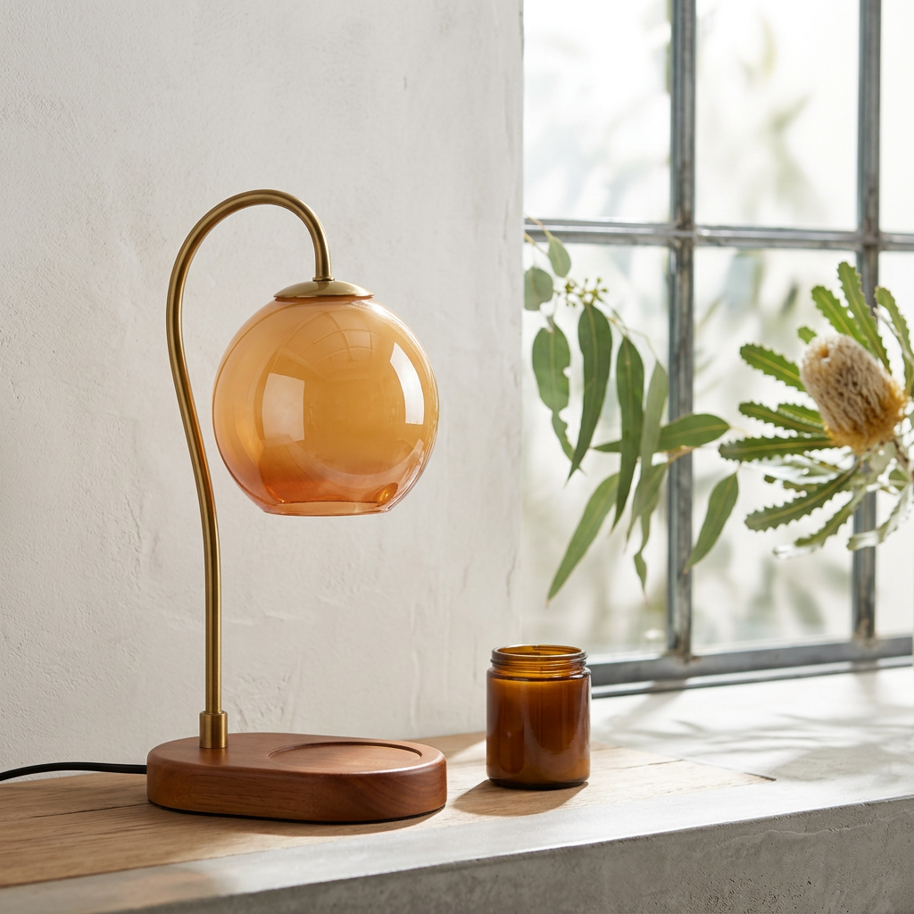 Auburne Amber Glass Candle Warmer Lamp with Wood Base