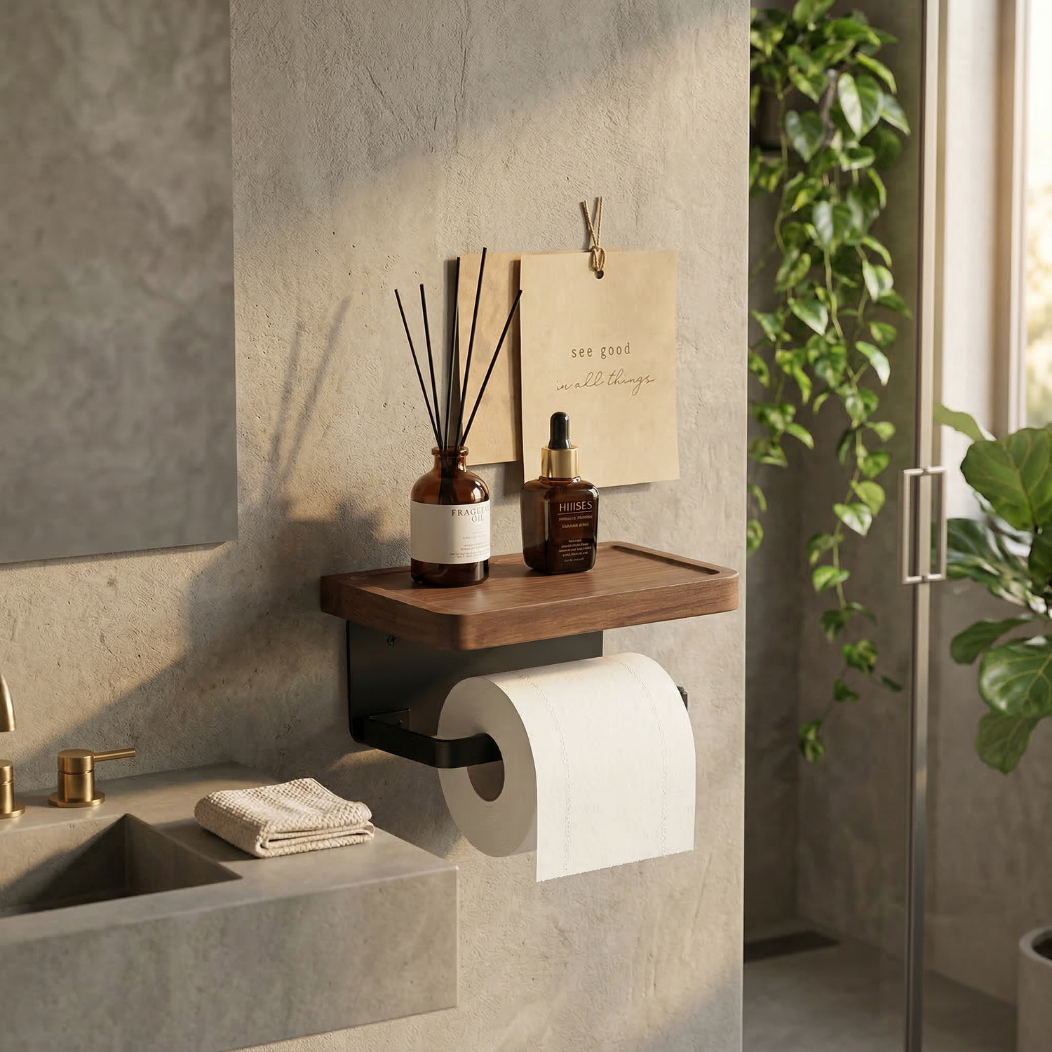 Perch Walnut Wall-Mounted Bathroom Shelf