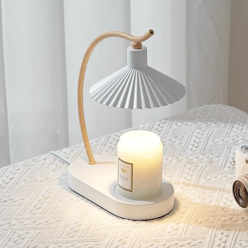 Cendra Pleated Shade Candle Warmer Lamp with Wood Arch Stem