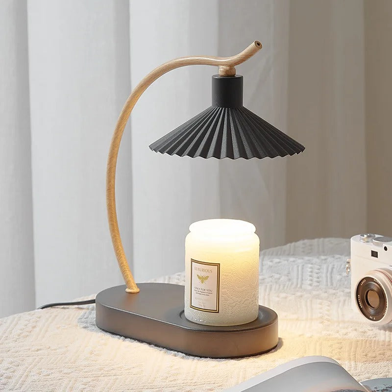 Cendra Pleated Shade Candle Warmer Lamp with Wood Arch Stem