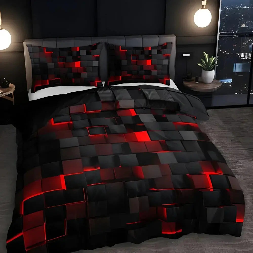 Geometric Bedding Set for Queen Beds with 3D Quilt Design
