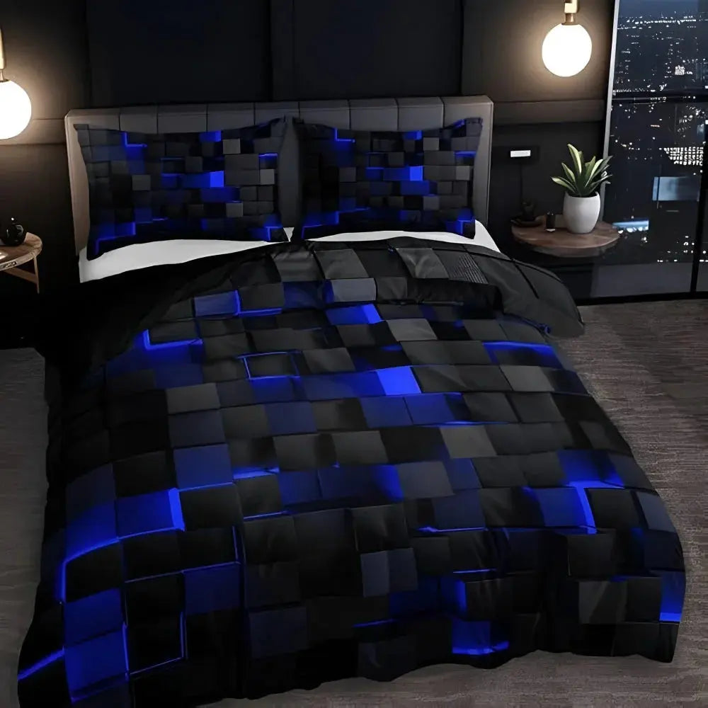 Geometric Bedding Set for Queen Beds with 3D Quilt Design
