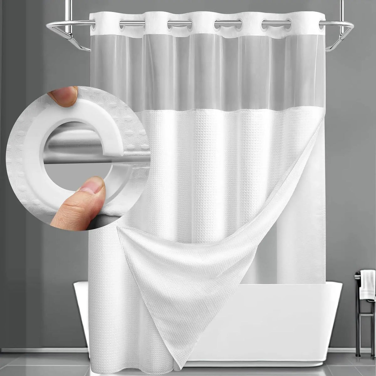 No Hook Shower Curtain for Bathrooms with Snap-In Liner