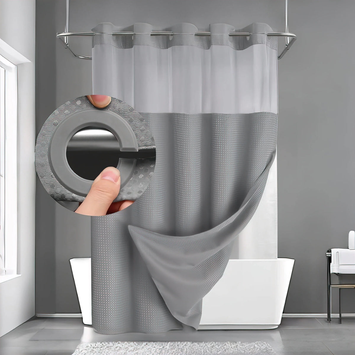 No Hook Shower Curtain for Bathrooms with Snap-In Liner