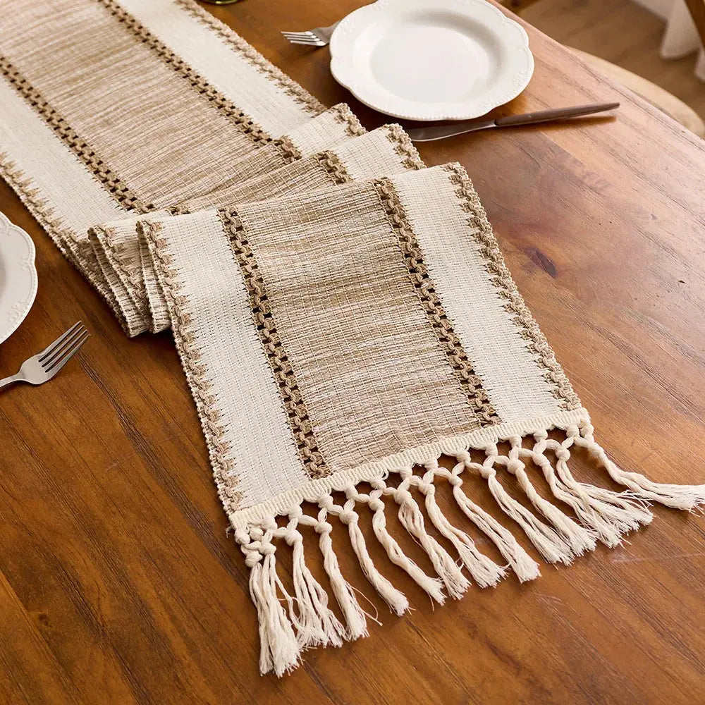Boho Macrame Table Runner for Dining with Tassel Trim