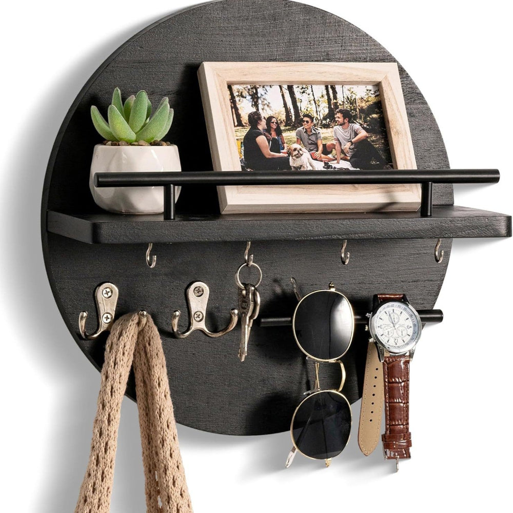 Hearth Key Holder for Entryways with Wood & Metal Hooks