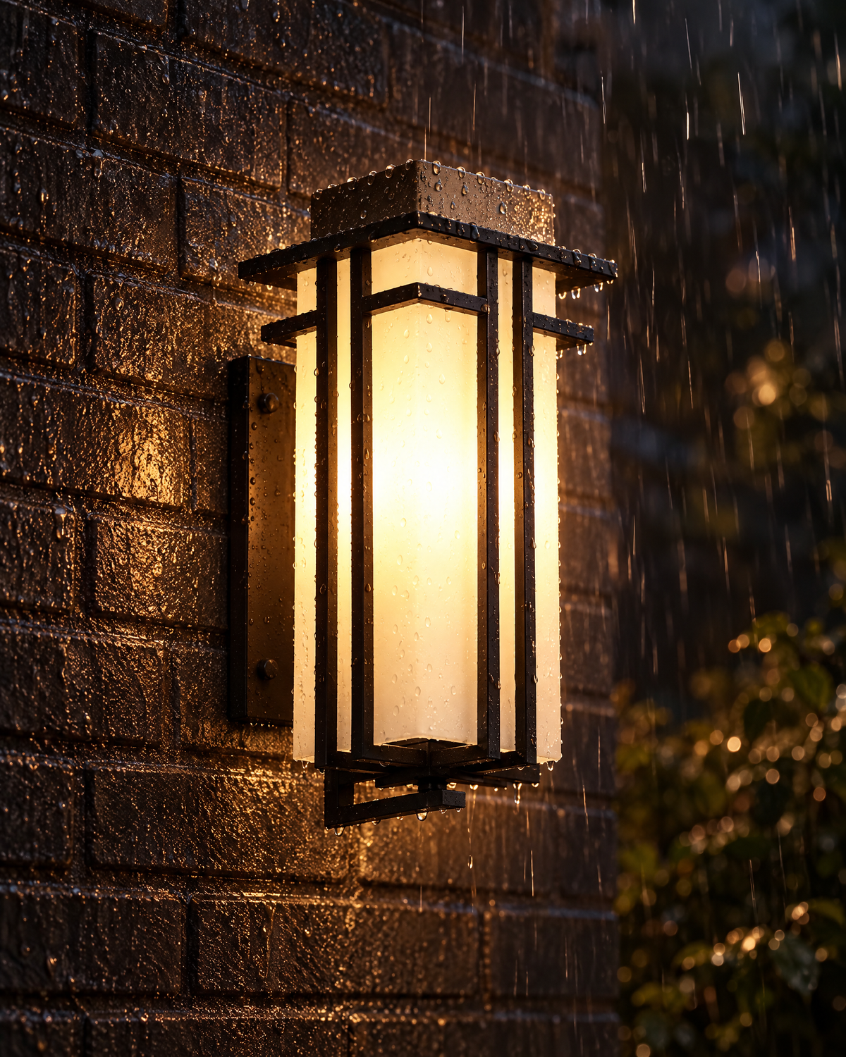 Foundry iron lantern sconce glowing in heavy rain on a brick wall