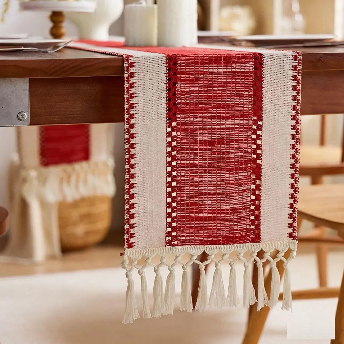 Boho Macrame Table Runner for Dining with Tassel Trim