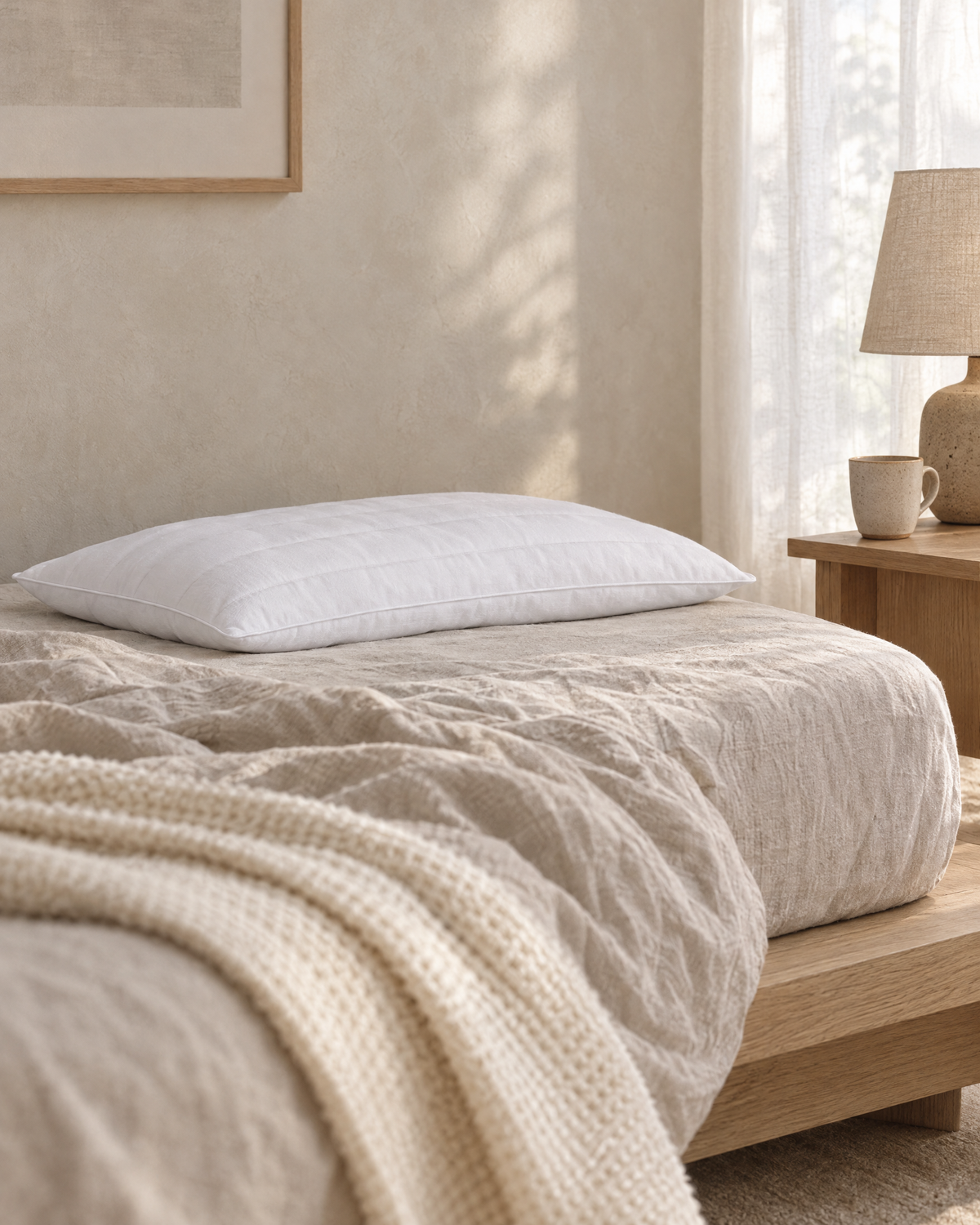 White pure-cotton low loft pillow on an oak bed with oatmeal linen in morning light