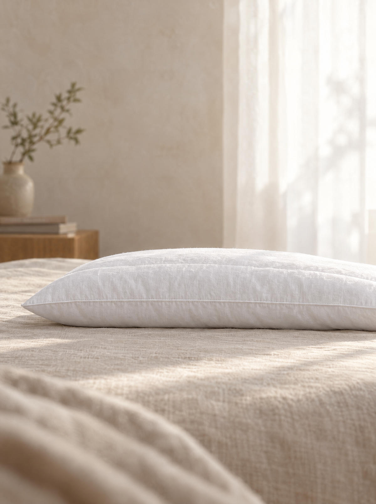Side profile of the slim pure-cotton low loft pillow lying flat on a linen bed