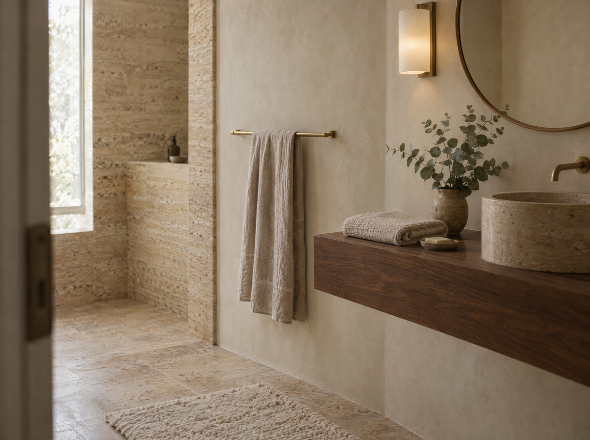 Spa-like travertine bathroom with walnut shelf and sconce