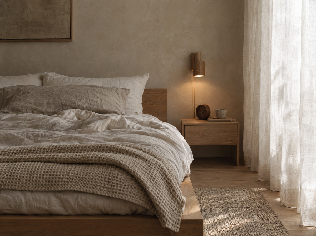 Calm bedroom with linen bedding and bedside sconce