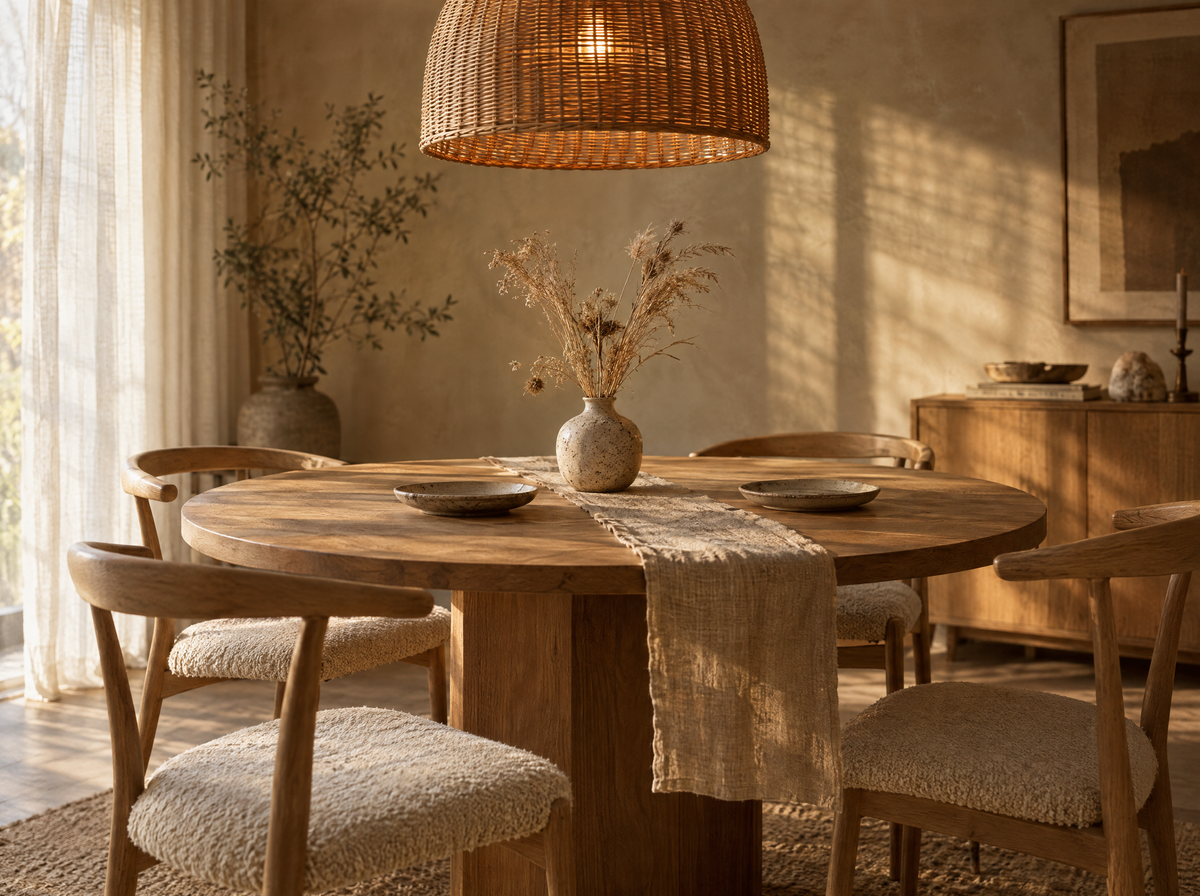 Oak dining room with rattan pendant light