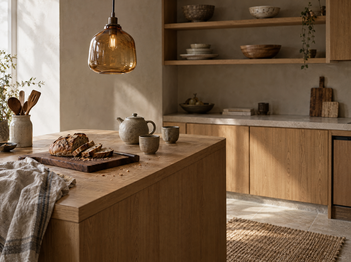 Warm oak kitchen with amber glass pendant light