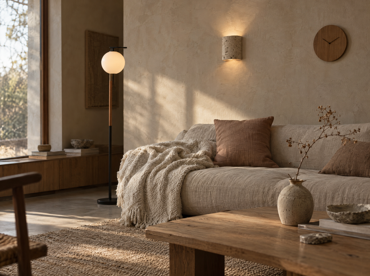 Japandi living room with floor lamp, wall sconce and linen throw