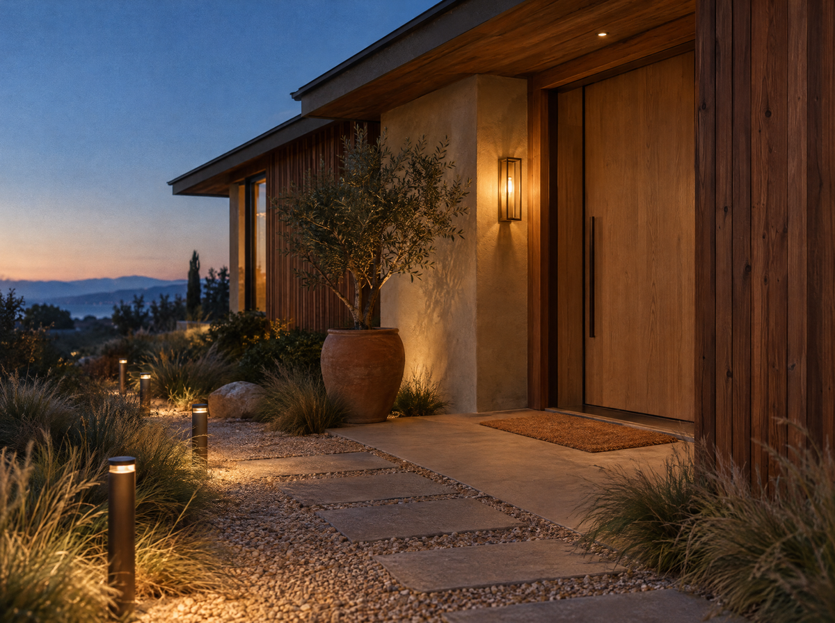 Modern home entrance at dusk with brass wall lantern and path lights
